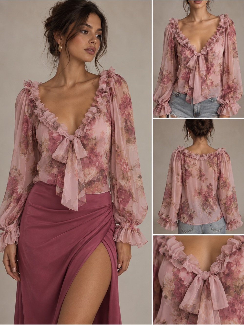 Sheer Pink Floral Ruffle Tie-Neck Blouse - Women Tops